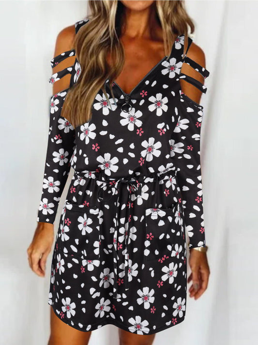 Dresses Zip V-Neck Off-Shoulder Long Sleeve Dress - LuckyFash™