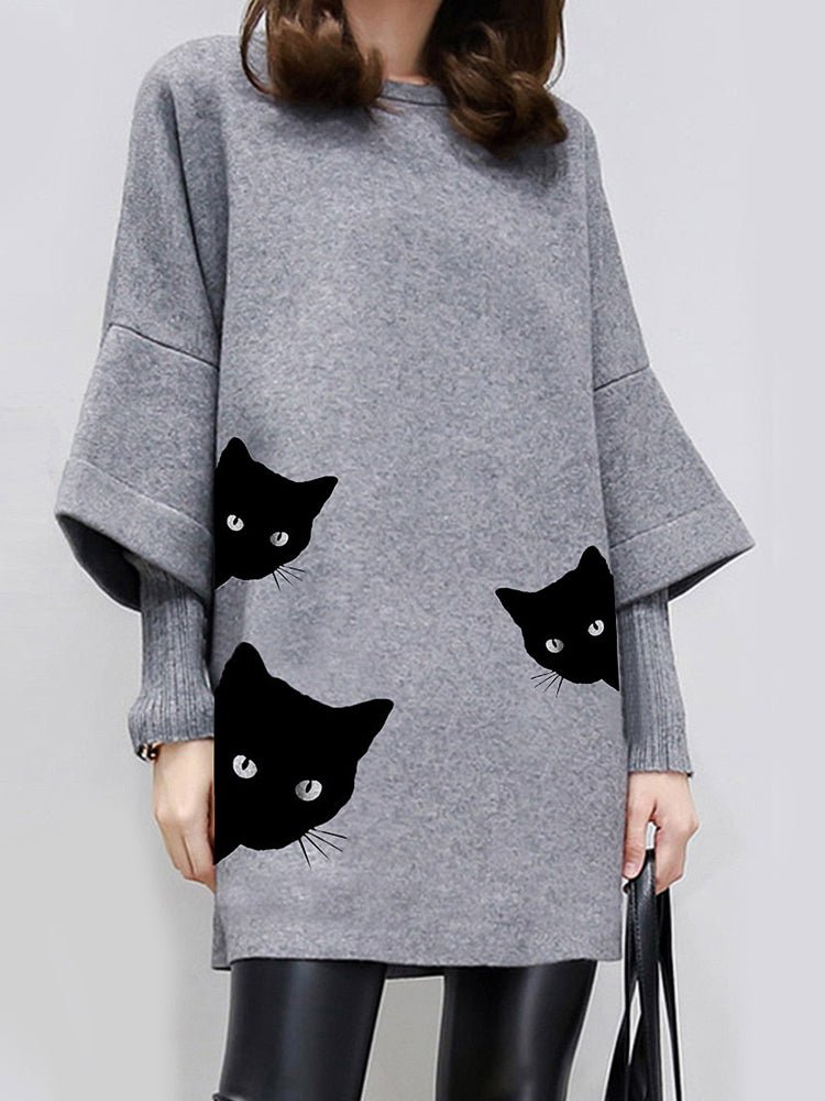 Hoodies Cat Pattern Round Neck Grey Long Sleeve Hoodie - LuckyFash™