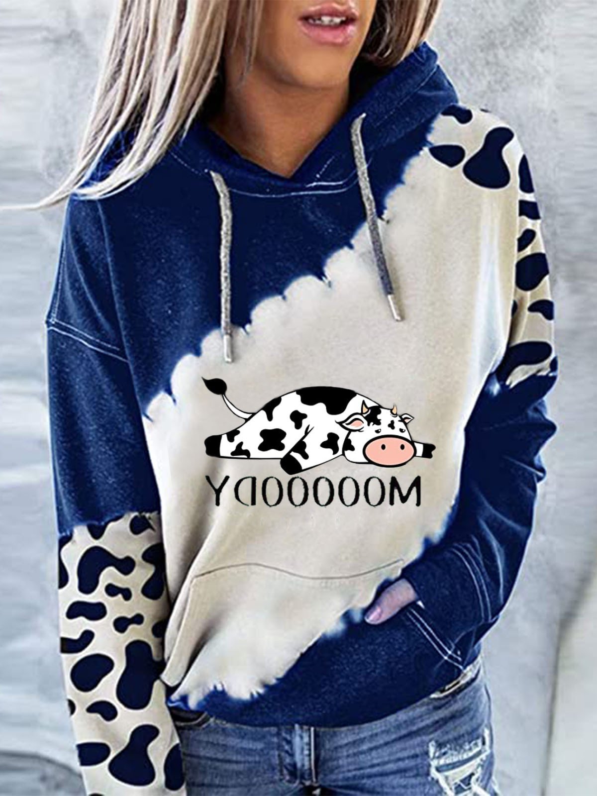 Hoodies Cow Letter Print Pocket Long Sleeve Hoody - LuckyFash™