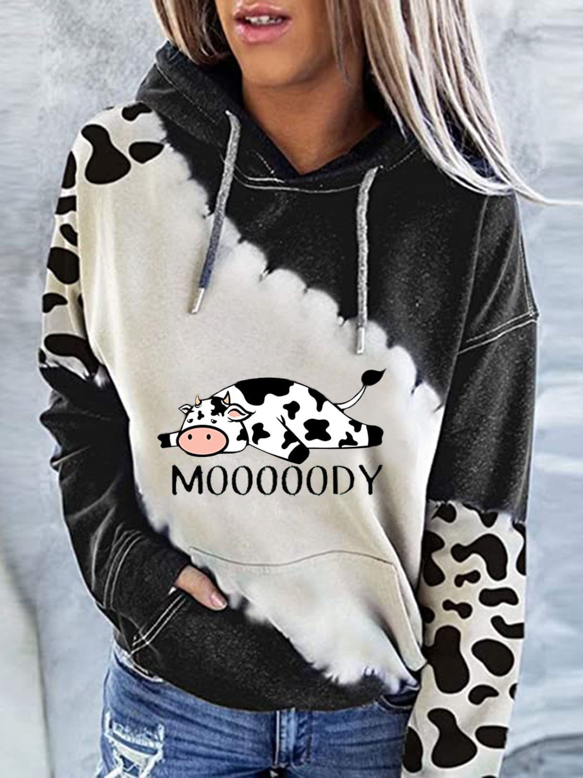 Hoodies Cow Letter Print Pocket Long Sleeve Hoody - LuckyFash™