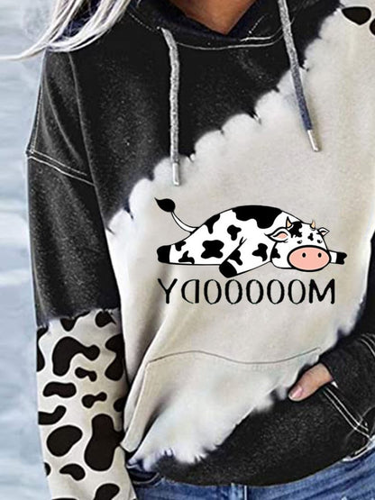 Hoodies Cow Letter Print Pocket Long Sleeve Hoody - LuckyFash™