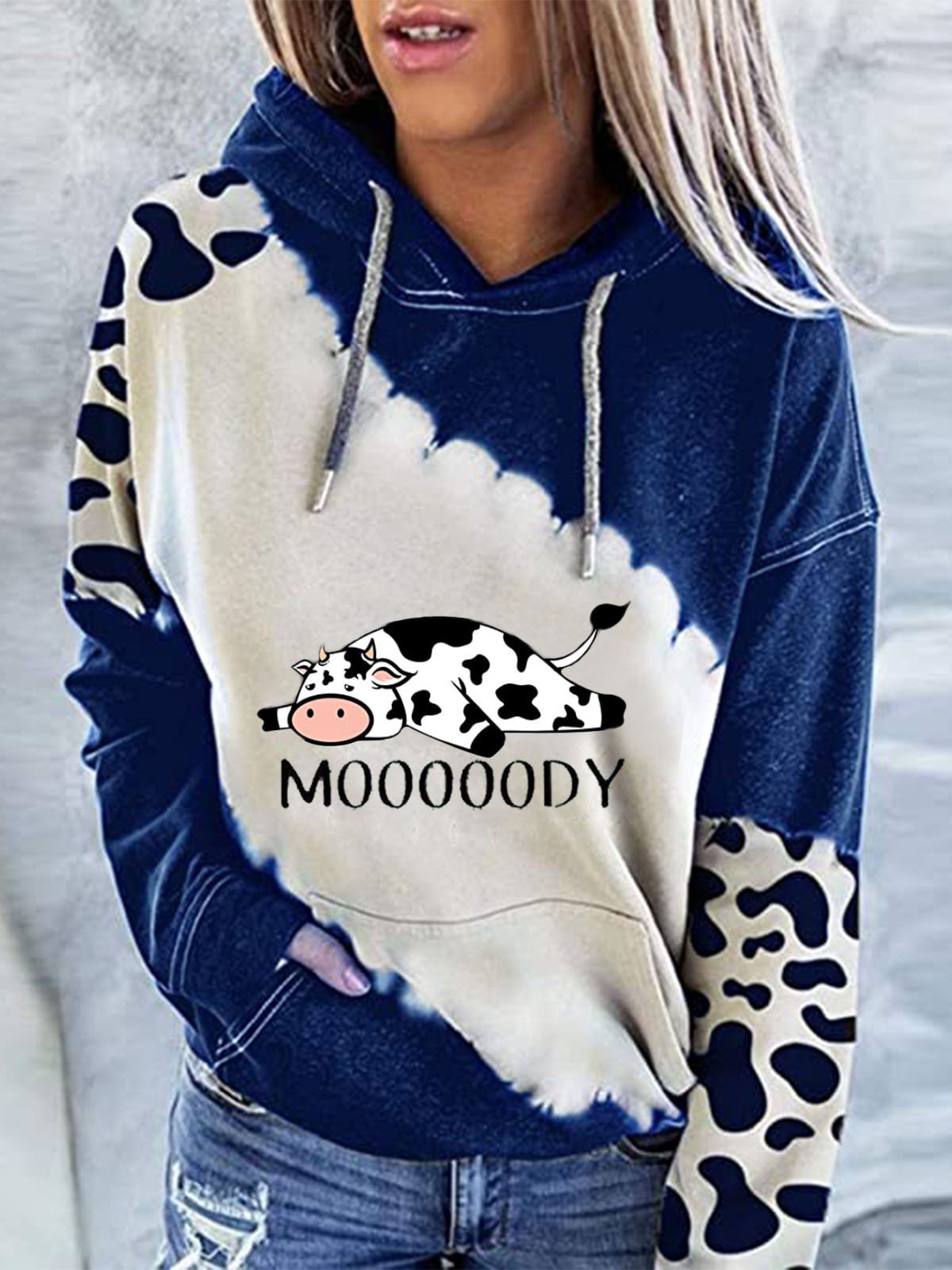 Hoodies Cow Letter Print Pocket Long Sleeve Hoody - LuckyFash™