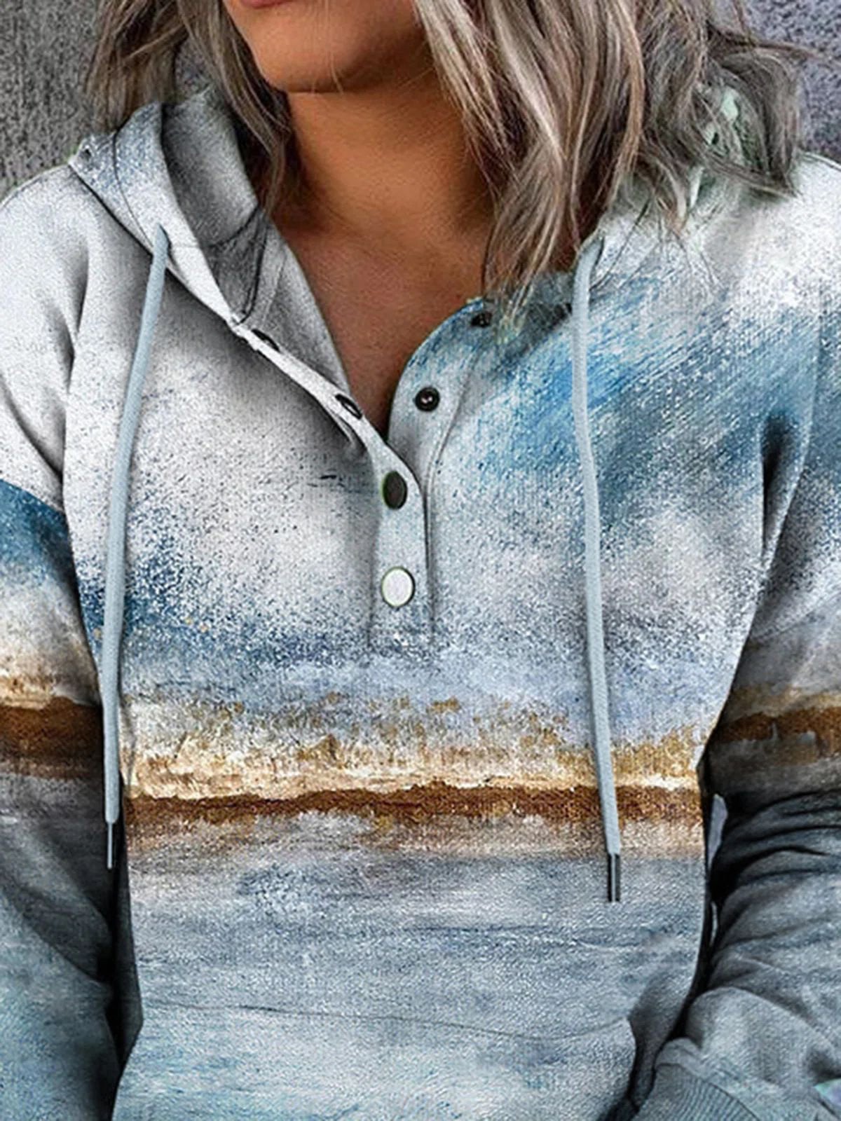Hoodies Landscape Print Button Drawstring Hoodie - LuckyFash™