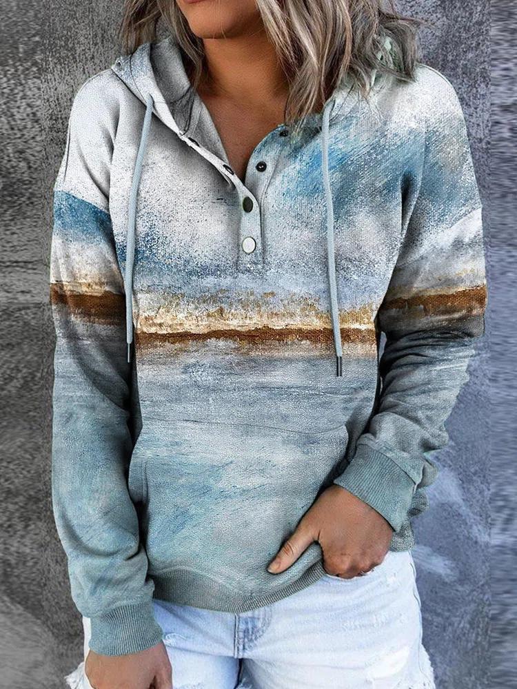 Hoodies Landscape Print Button Drawstring Hoodie - LuckyFash™