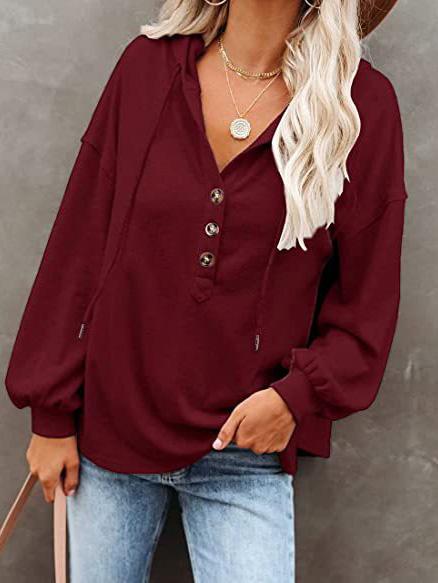 Women's Hoodies Long Sleeve V-Neck Drawstring Button Sports Hoodie - LuckyFash™