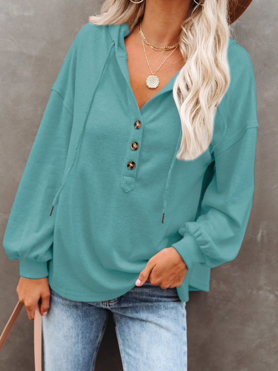 Women's Hoodies Long Sleeve V-Neck Drawstring Button Sports Hoodie - LuckyFash™