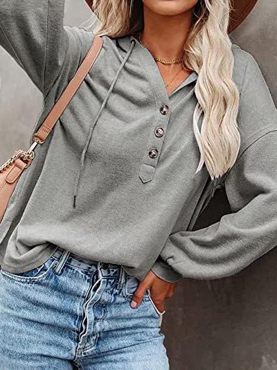 Women's Hoodies Long Sleeve V-Neck Drawstring Button Sports Hoodie - LuckyFash™