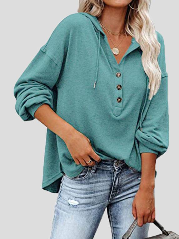 Women's Hoodies Long Sleeve V-Neck Drawstring Button Sports Hoodie - LuckyFash™