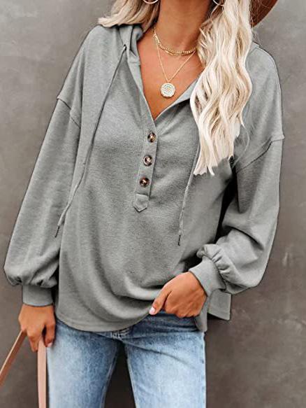 Women's Hoodies Long Sleeve V-Neck Drawstring Button Sports Hoodie - LuckyFash™