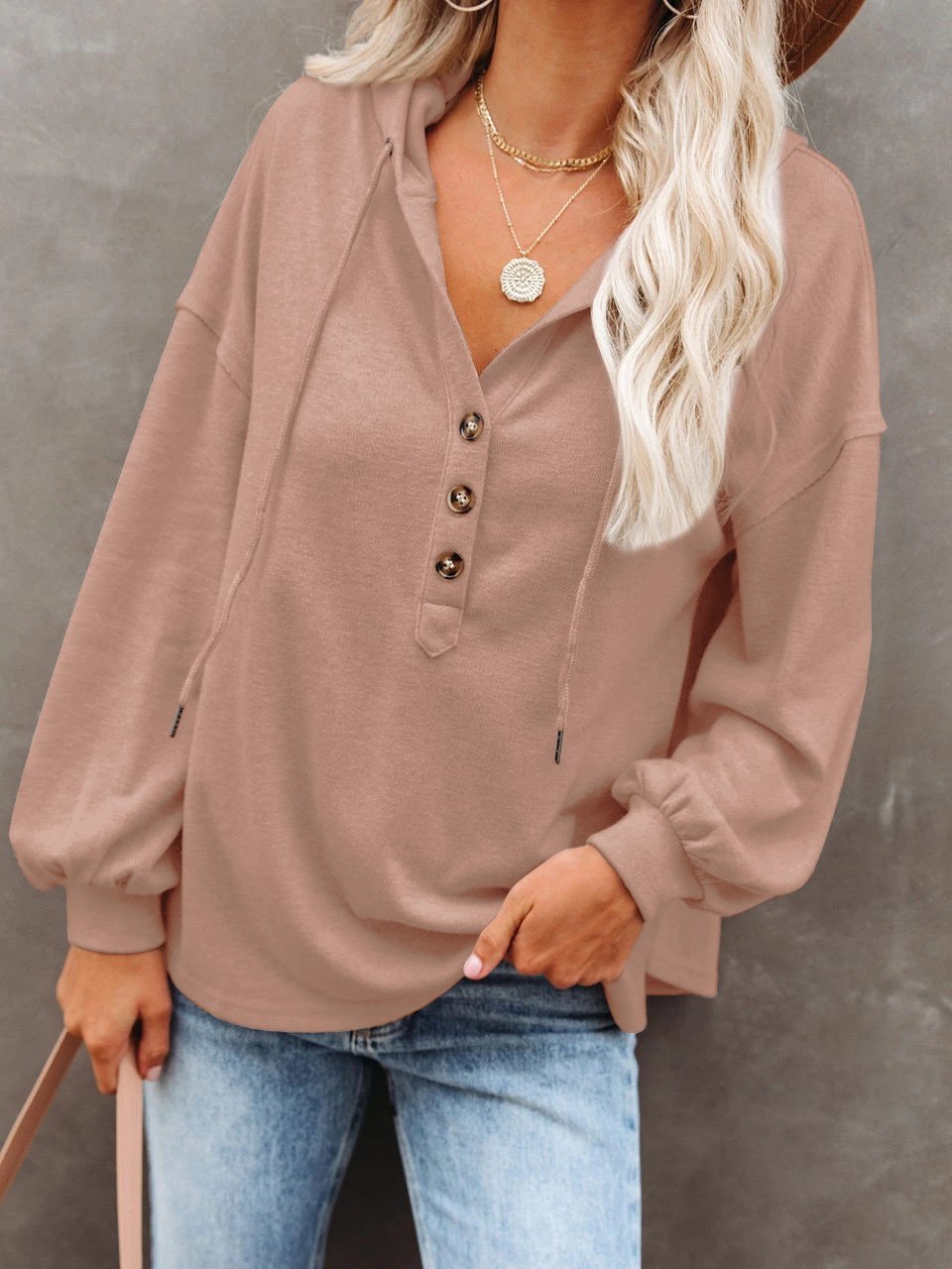 Women's Hoodies Long Sleeve V-Neck Drawstring Button Sports Hoodie - LuckyFash™