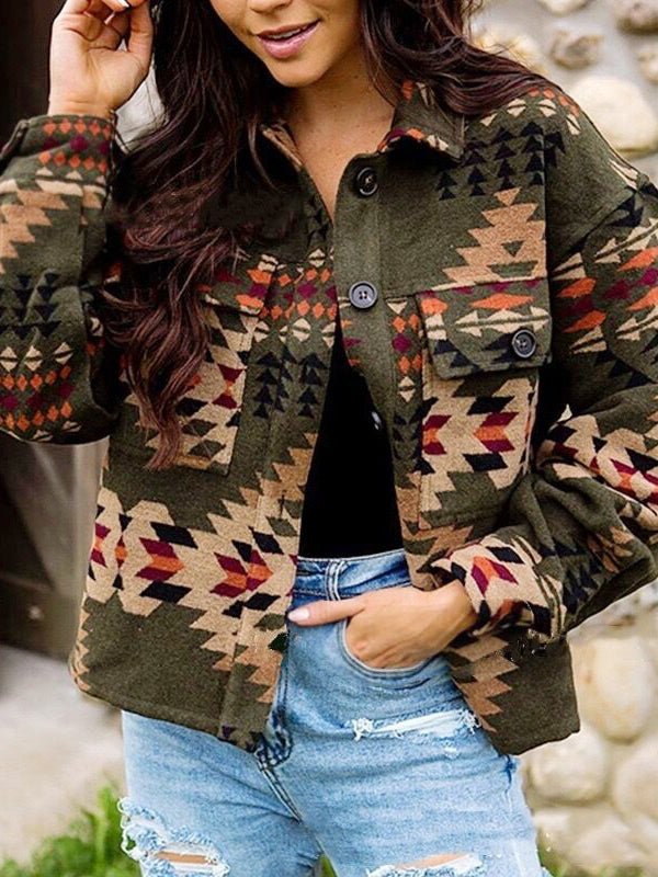 Jackets Lapel Loose Geometric Printed Woolen Jacket - LuckyFash™