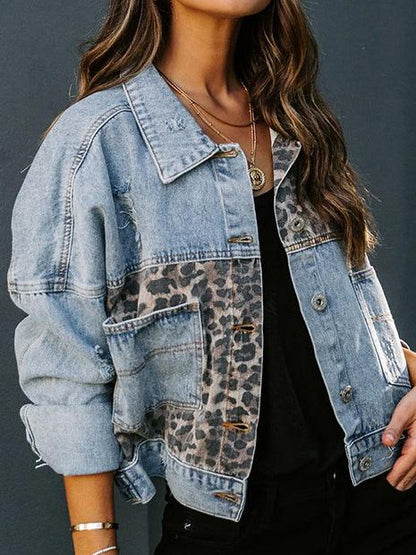 Women's Jackets Leopard Panel Pocket Denim Jacket - LuckyFash™