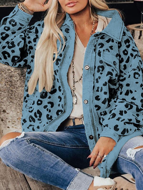 Jackets Leopard Print Pocket Button Long Sleeve Jacket - LuckyFash™