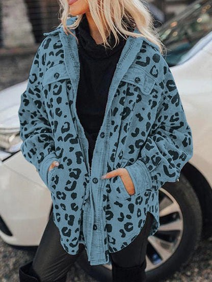 Jackets Leopard Print Pocket Button Long Sleeve Jacket - LuckyFash™