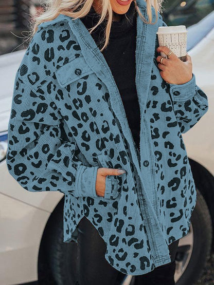 Jackets Leopard Print Pocket Button Long Sleeve Jacket - LuckyFash™