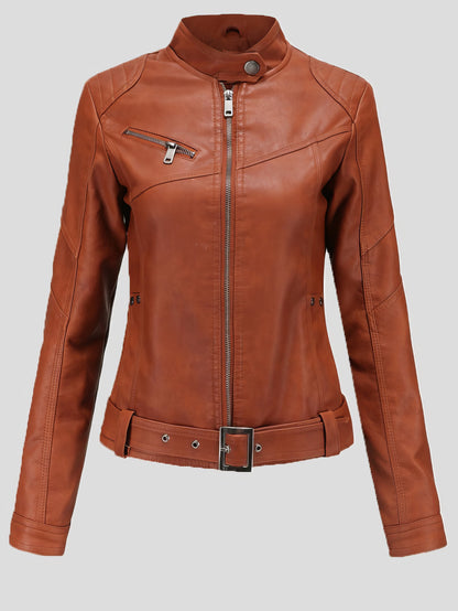 Jackets Stand-Up Collar Slim Belt Leather Jacket - LuckyFash™