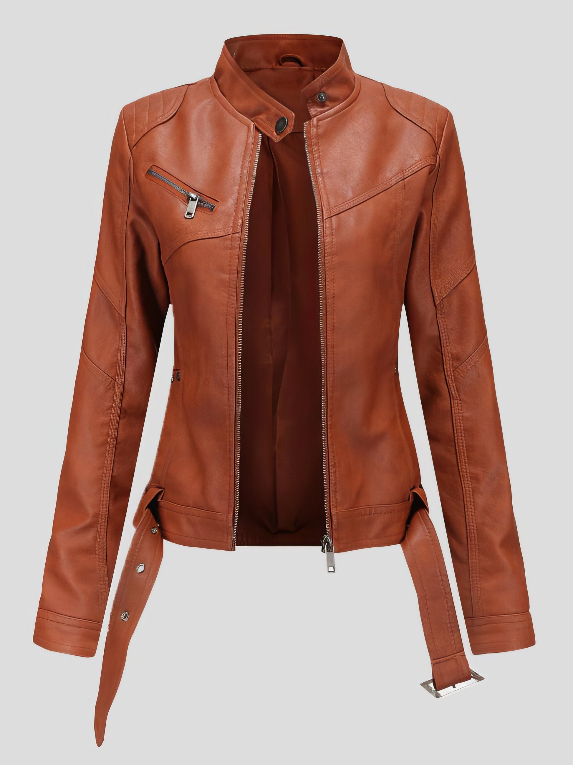 Jackets Stand-Up Collar Slim Belt Leather Jacket - LuckyFash™