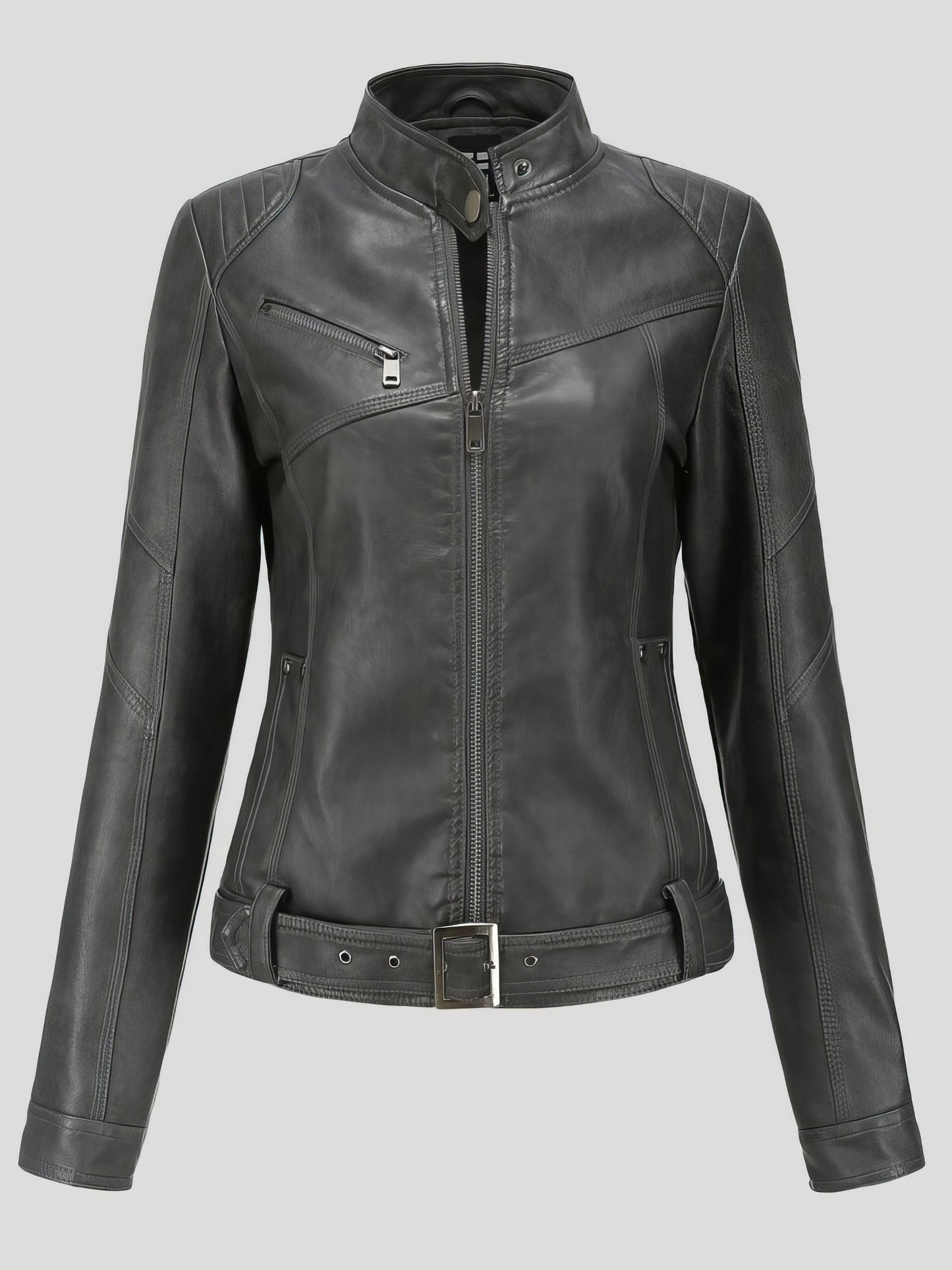 Jackets Stand-Up Collar Slim Belt Leather Jacket - LuckyFash™