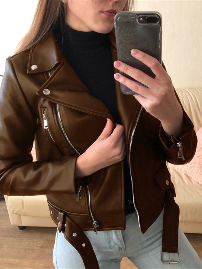 Jackets Zipper Long Sleeve PU Skinny Leather Jacket - LuckyFash™