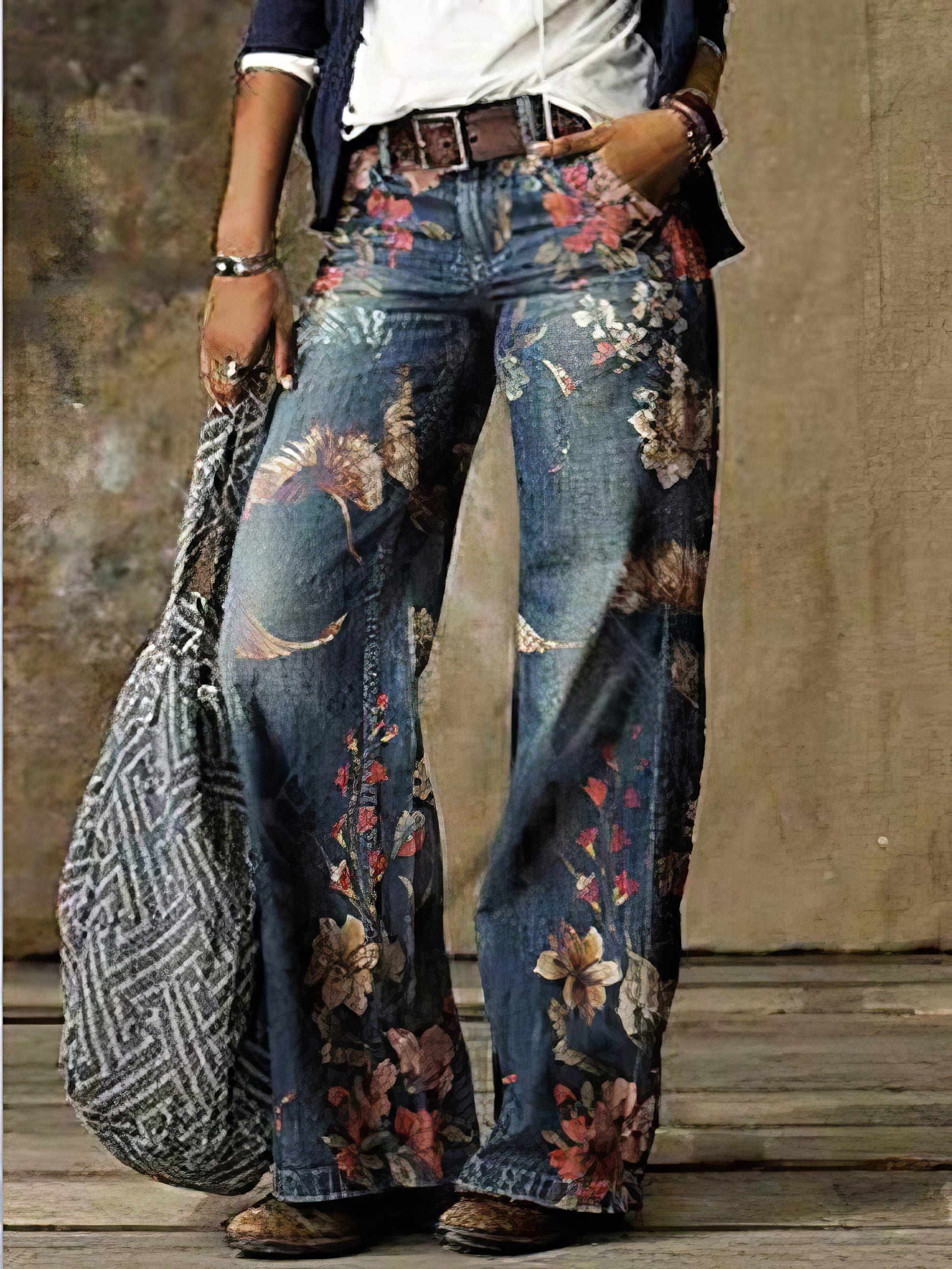 Jeans Casual Floral Print Pocket Wide-Leg Jeans - LuckyFash™