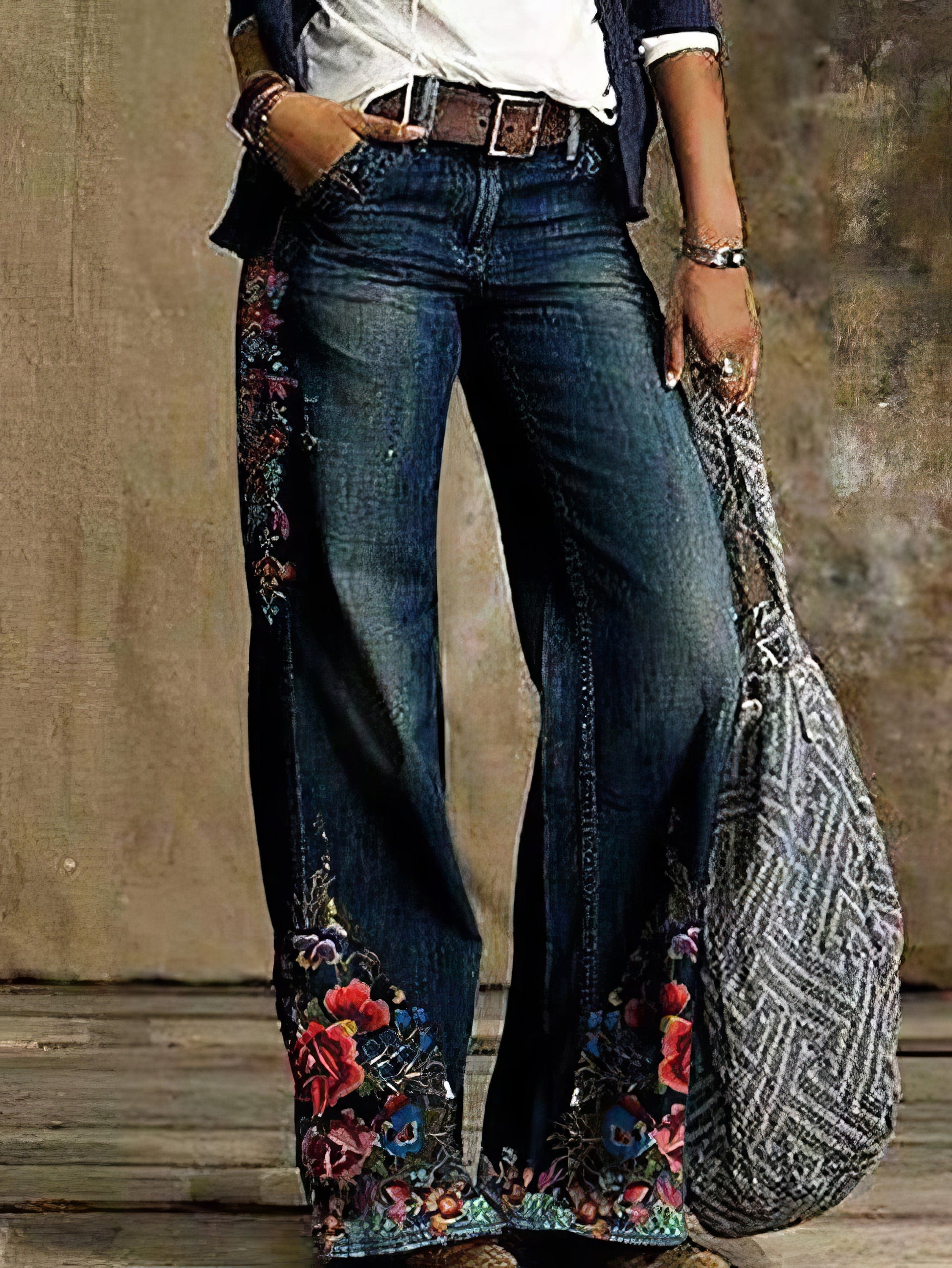 Jeans Casual Floral Print Pocket Wide-Leg Jeans - LuckyFash™
