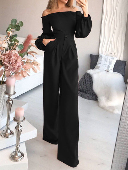 Women's Jumpsuits Boat Neck Long Sleeve Pocket Slim Jumpsuit - LuckyFash™