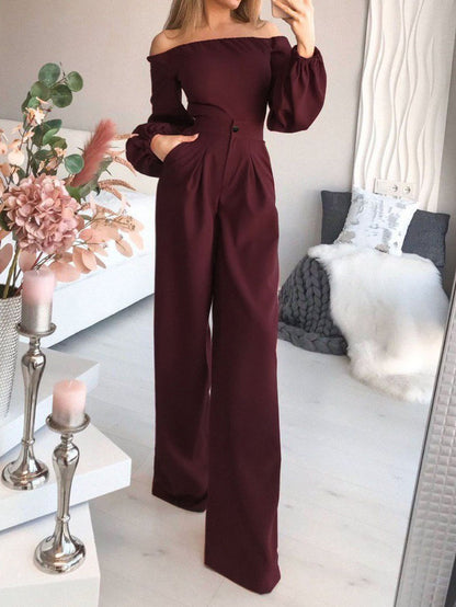 Women's Jumpsuits Boat Neck Long Sleeve Pocket Slim Jumpsuit - LuckyFash™