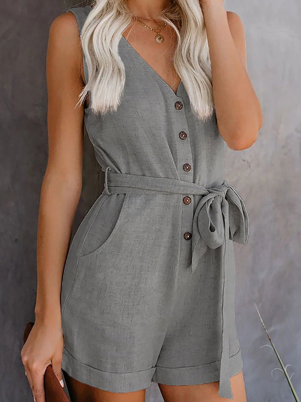 Jumpsuits Casual V-Neck Buttoned Lace-Up Pocket Jumpsuit - LuckyFash™