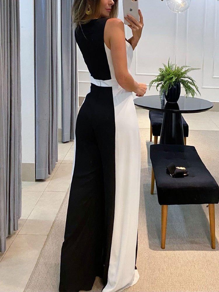 Women's Jumpsuits Colorblock V-Neck High Waist Wide Leg Jumpsuit - LuckyFash™