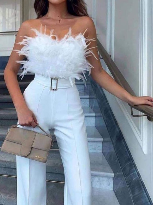 Jumpsuits Feather Bandeau Belt Jumpsuit - LuckyFash™