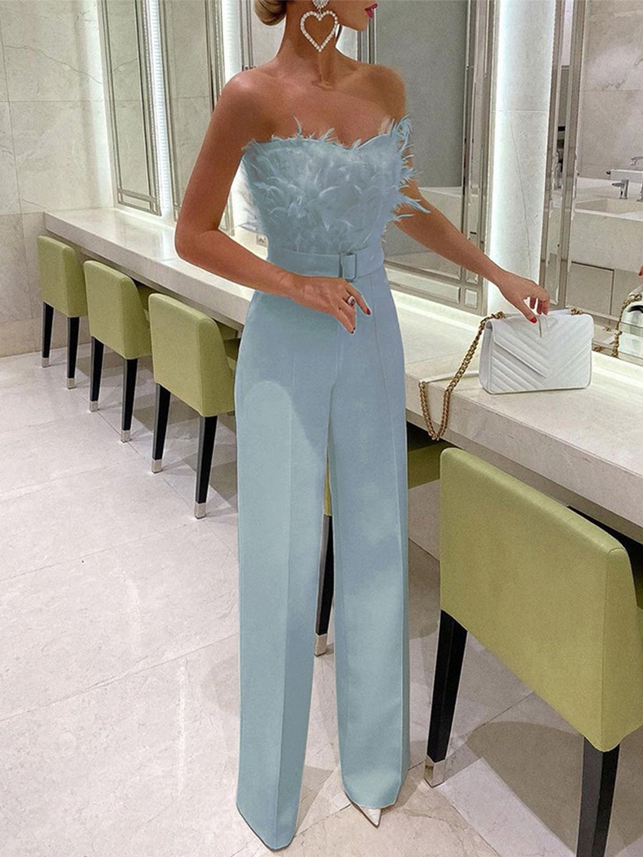 Jumpsuits Feather Bandeau Belt Jumpsuit - LuckyFash™