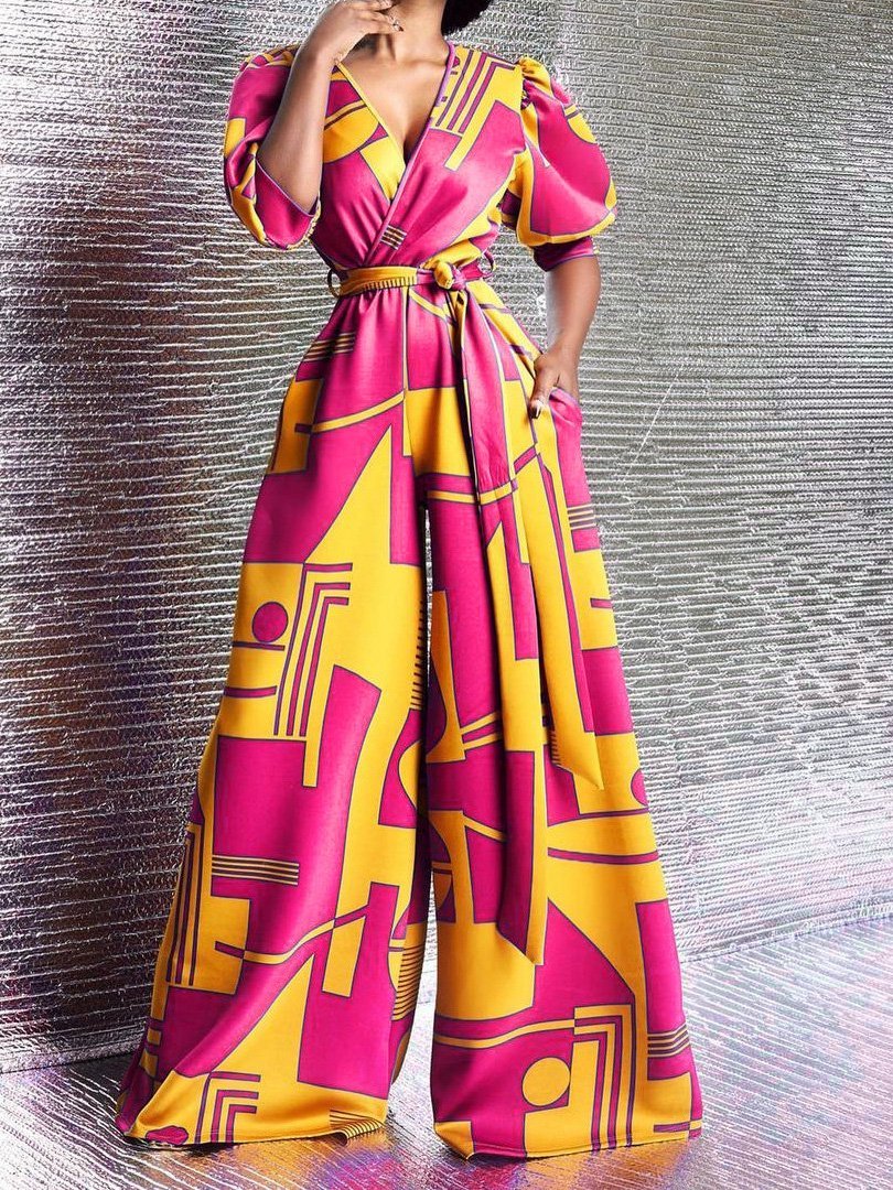 Jumpsuits High-Waisted V-Neck Printed Wide-Leg Jumpsuit - LuckyFash™