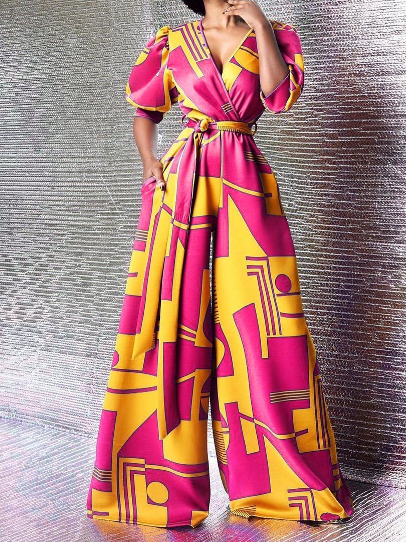 Jumpsuits High-Waisted V-Neck Printed Wide-Leg Jumpsuit - LuckyFash™