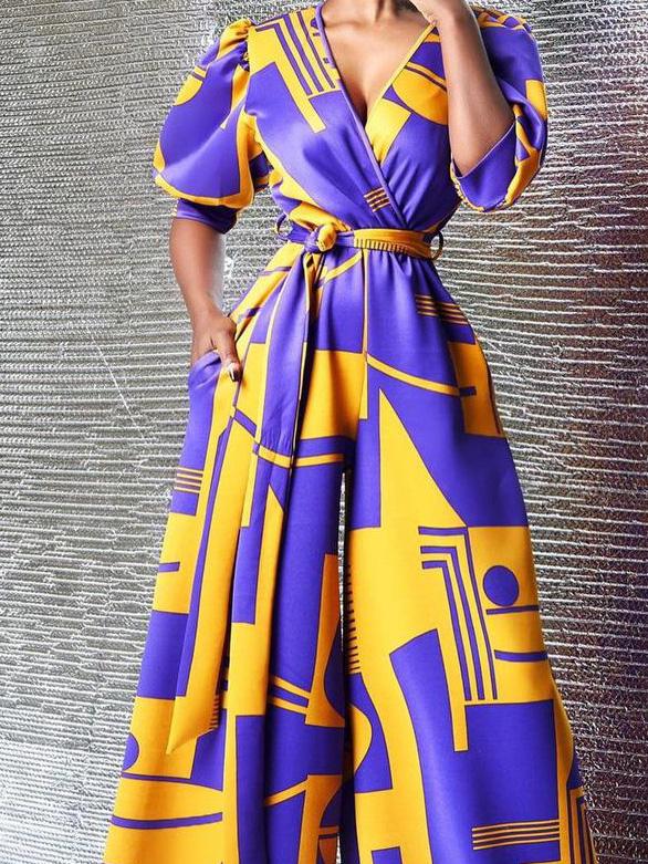 Jumpsuits High-Waisted V-Neck Printed Wide-Leg Jumpsuit - LuckyFash™