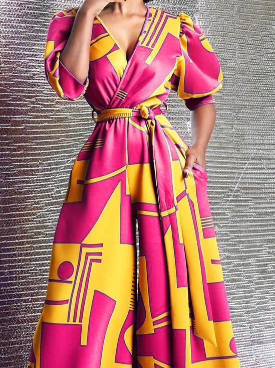 Jumpsuits High-Waisted V-Neck Printed Wide-Leg Jumpsuit - LuckyFash™