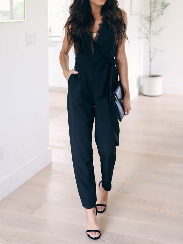 Jumpsuits Lace Sleeveless Belted Pocket Jumpsuit - LuckyFash™