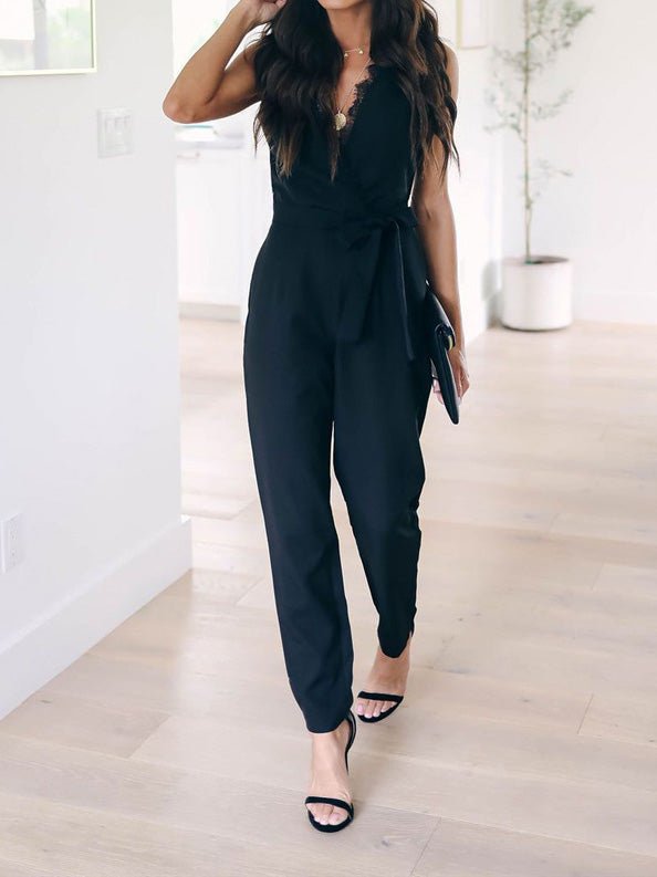 Jumpsuits Lace Sleeveless Belted Pocket Jumpsuit - LuckyFash™