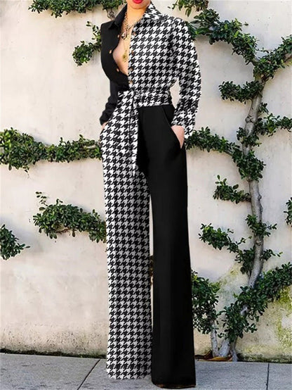 Jumpsuits Lapel Print Tie Pocket Long Sleeve Jumpsuit - LuckyFash™