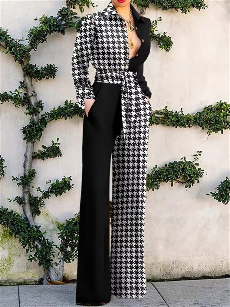 Jumpsuits Lapel Print Tie Pocket Long Sleeve Jumpsuit - LuckyFash™