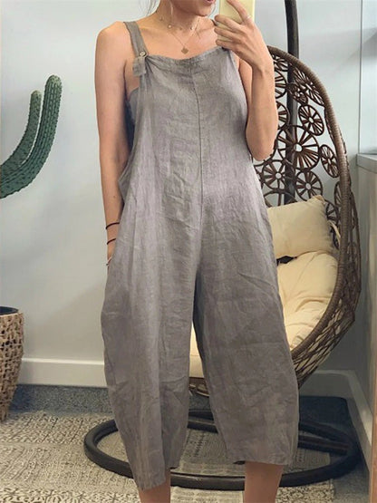 Jumpsuits Loose Solid Cotton Linen Bib Jumpsuit - LuckyFash™