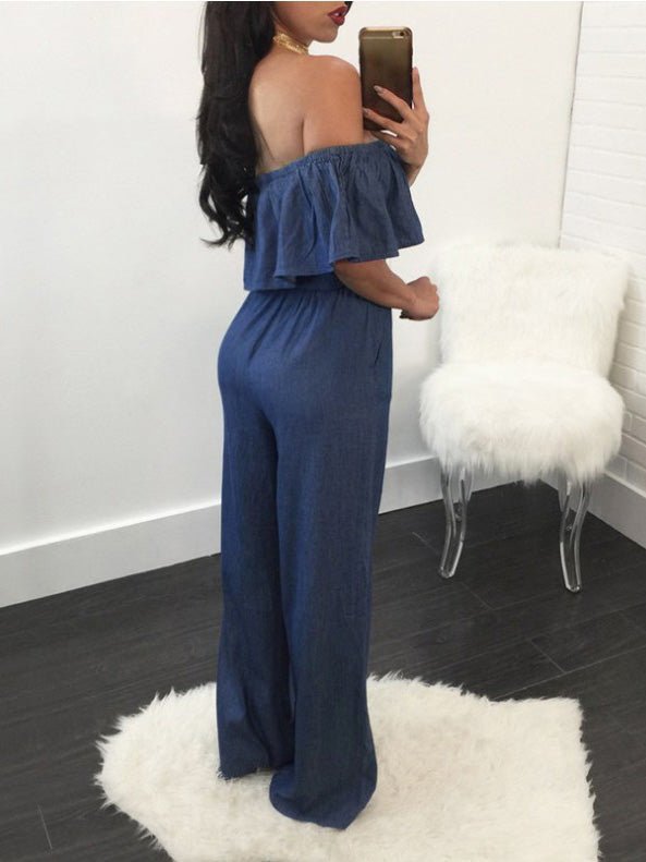 Jumpsuits One-Shoulder Ruffled Lace-Up Denim Jumpsuit - LuckyFash™