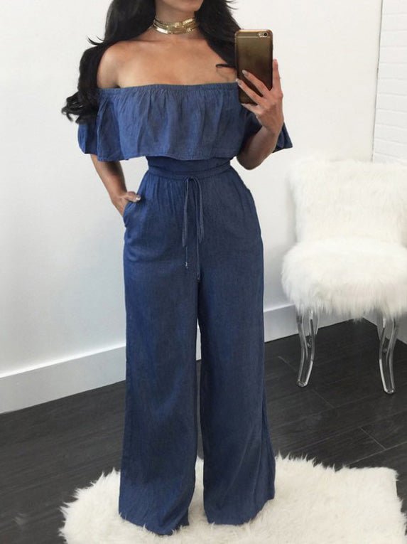 Jumpsuits One-Shoulder Ruffled Lace-Up Denim Jumpsuit - LuckyFash™