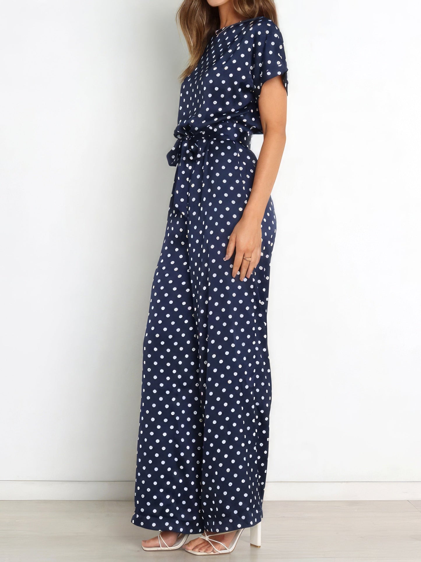 Jumpsuits Polka Dot Print Belted Short Sleeve Jumpsuit - LuckyFash™