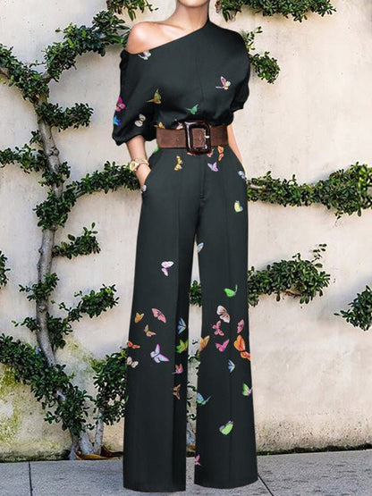 Jumpsuits Printed Sloping Shoulder Wide-Leg Jumpsuit - LuckyFash™