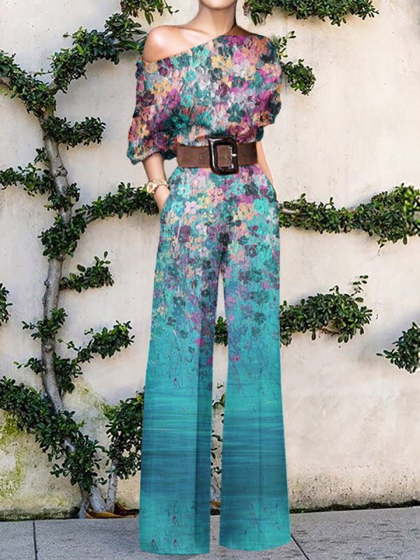 Jumpsuits Printed Sloping Shoulder Wide-Leg Jumpsuit - LuckyFash™