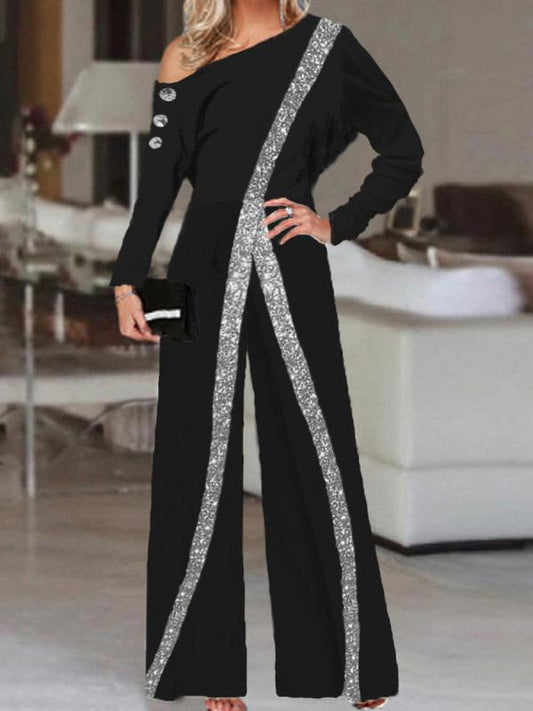 Jumpsuits Sequin Paneling Slanted Shoulder Long Sleeve Wide Leg Jumpsuit - LuckyFash™