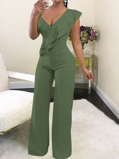 Jumpsuits Solid Deep V-Neck Ruffle Jumpsuit - LuckyFash™