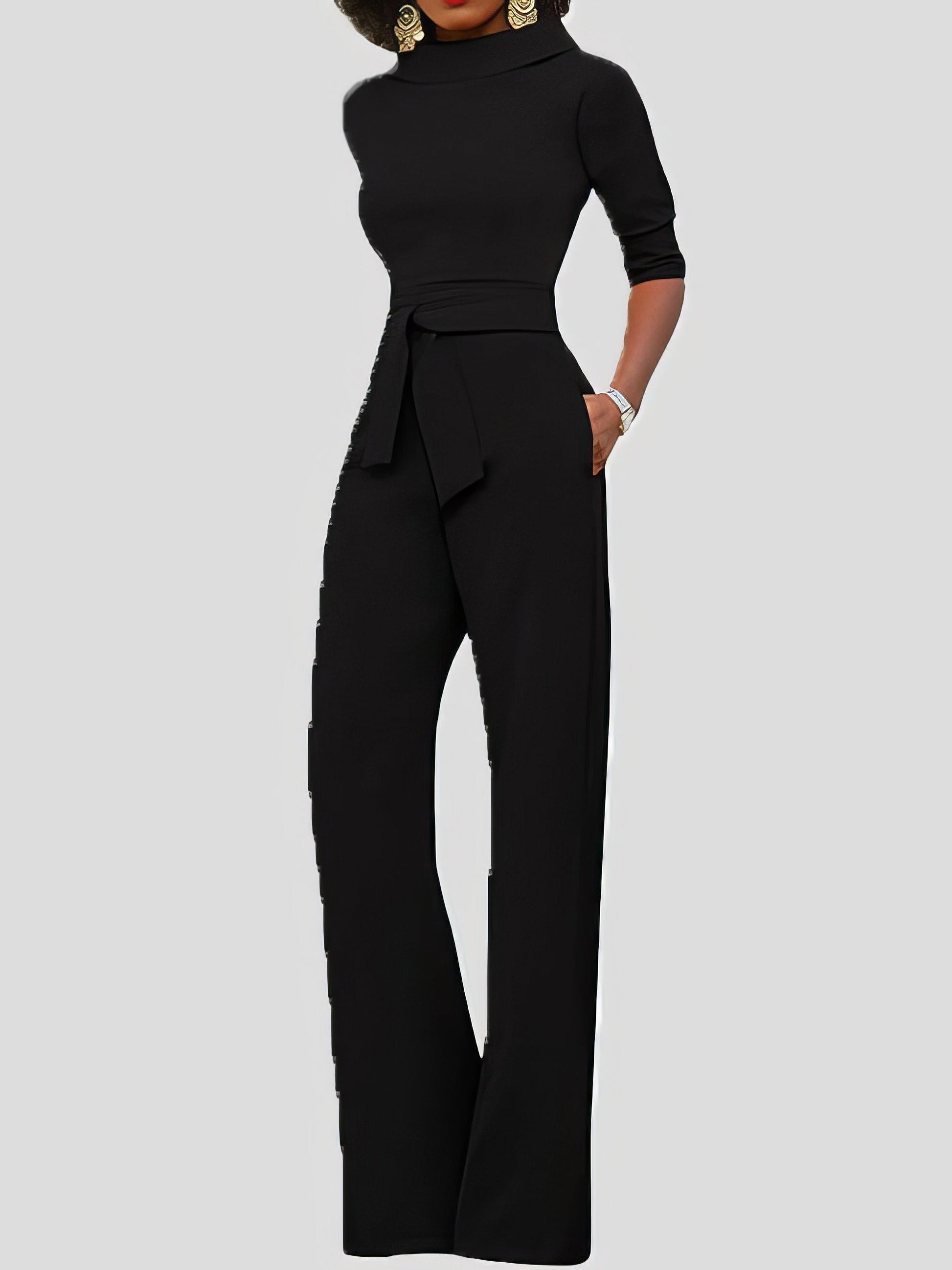 Jumpsuits Solid Five-Point Sleeve Belted Wide-Leg Jumpsuit - LuckyFash™