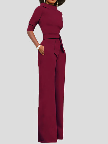 Jumpsuits Solid Five-Point Sleeve Belted Wide-Leg Jumpsuit - LuckyFash™