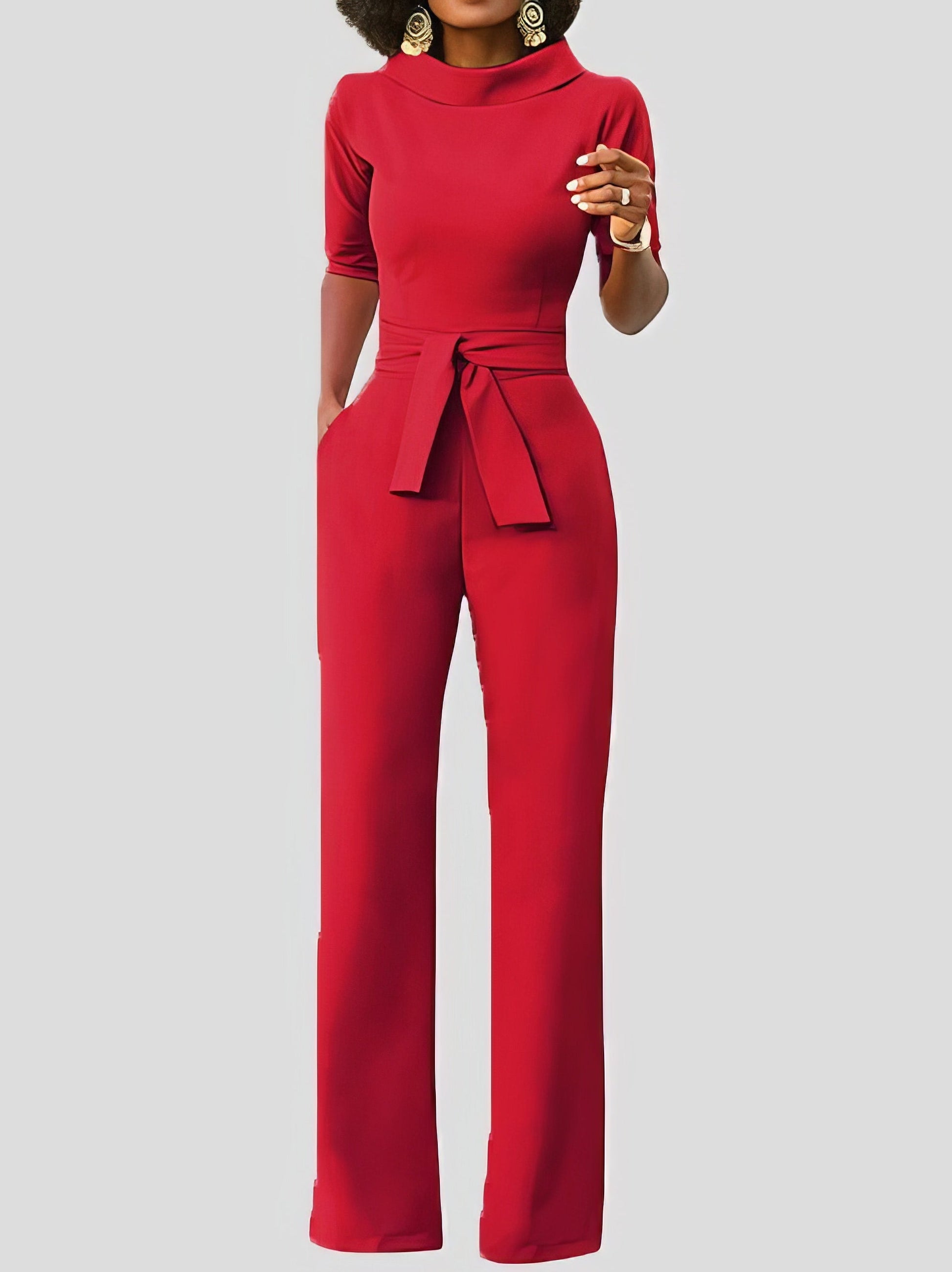 Jumpsuits Solid Five-Point Sleeve Belted Wide-Leg Jumpsuit - LuckyFash™